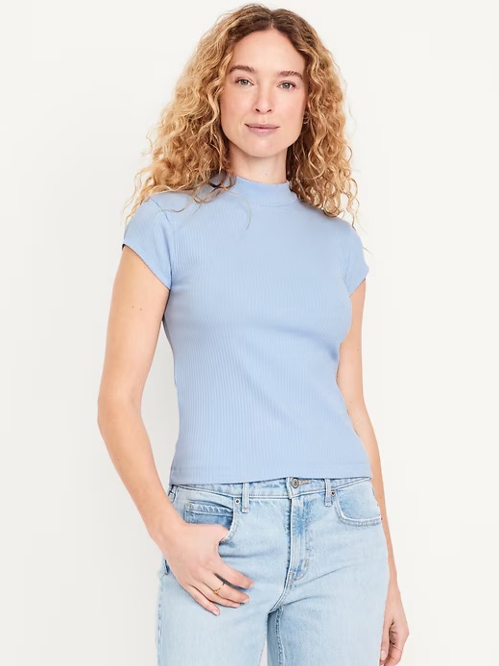 Old Navy Light Blue Ribbed Mockneck Short Sleeve Top XL Tall